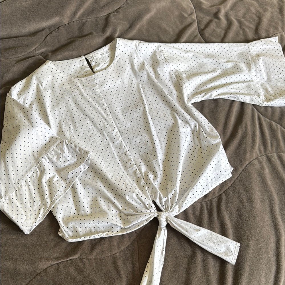 Mango White Tie Front Boxy Blouse with Mandarin Collar